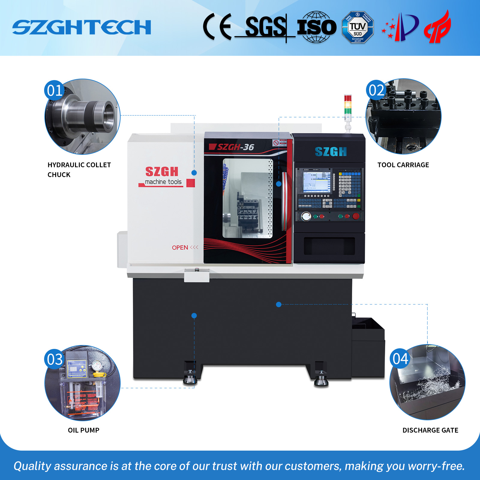 The SZGH-36J is a compact, high precision CNC lathe machine designed for efficient mass production of small to medium-sized metal parts. With its slant bed design, powerful spindle motor, and optional automatic feeding system, this SZGH lathe is ideal for industries requiring both performance and stability — including automotive, electronics, and hardware manufacturing.